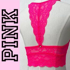 EUC PINK Victoria’s Secret Hot Pink Floral Lace Unlined Racerback Bralette Small